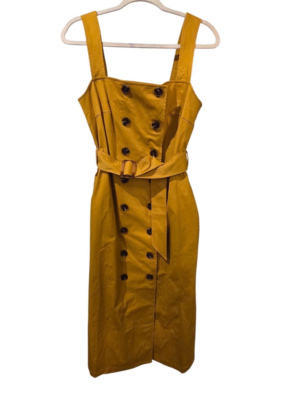 NWT Belted Double-Breasted Trench Style Mustard Midi Dress Mddium - Picture 4 of 5